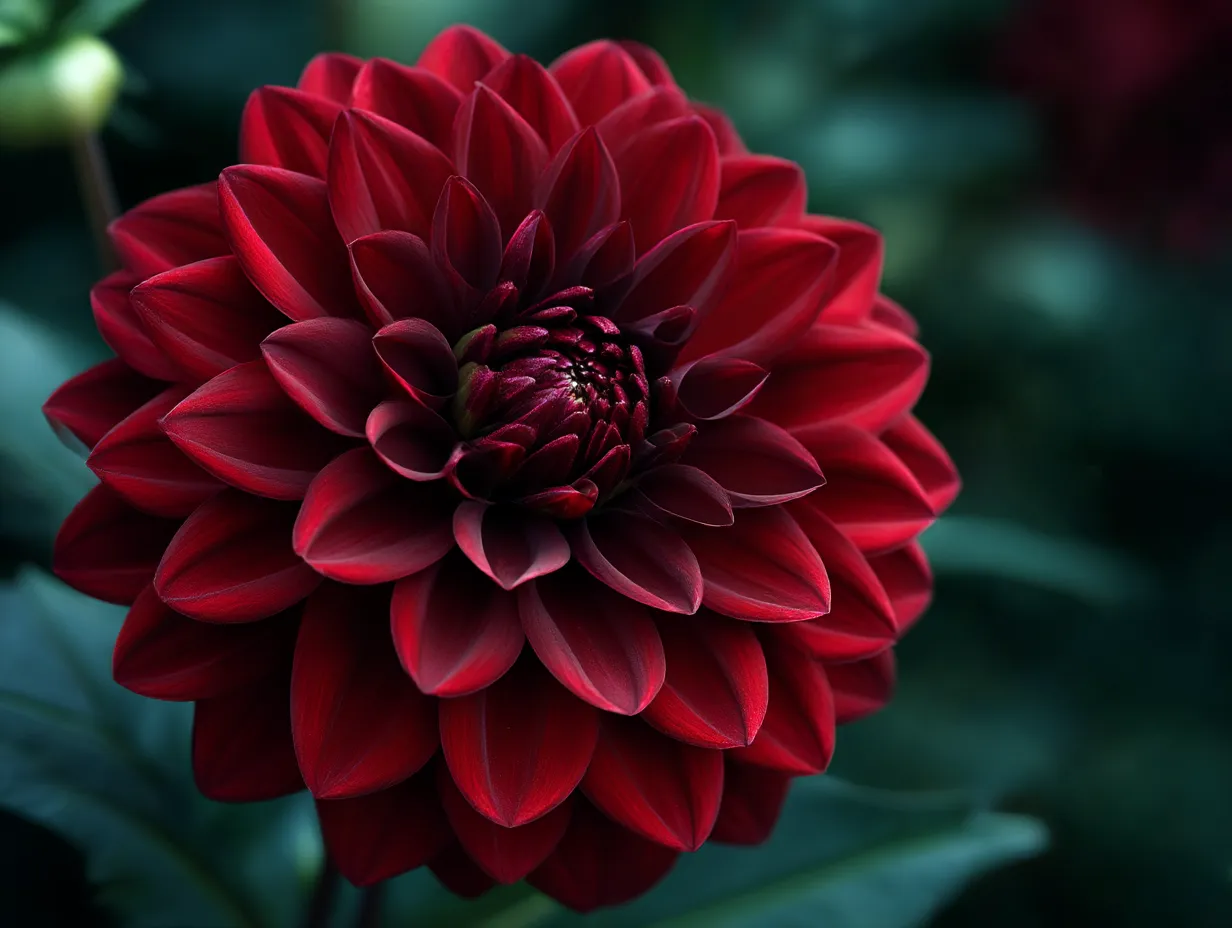 深紅のダリアの魅力｜深い赤色のダリアが強烈な印象を与える一枚。花びらが重なり合い、その深みのある色合いが強調されています。この「ダリア」の写真は、シンプルながらも豪華さを感じさせ、深紅の花が持つ力強さと優雅さを表現しています。
