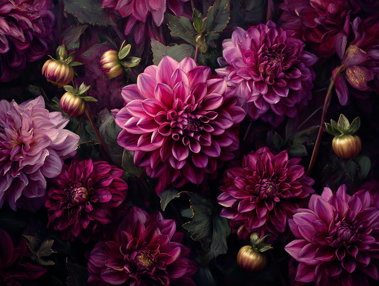 深紅のダリアの花畑｜深紅や紫色のダリアが広がる美しい花畑。暗い背景と鮮やかな花のコントラストが印象的です。この「ダリア」の花々が集まるシーンは、豊かな自然の美しさと調和を感じさせ、幻想的な雰囲気を醸し出しています。