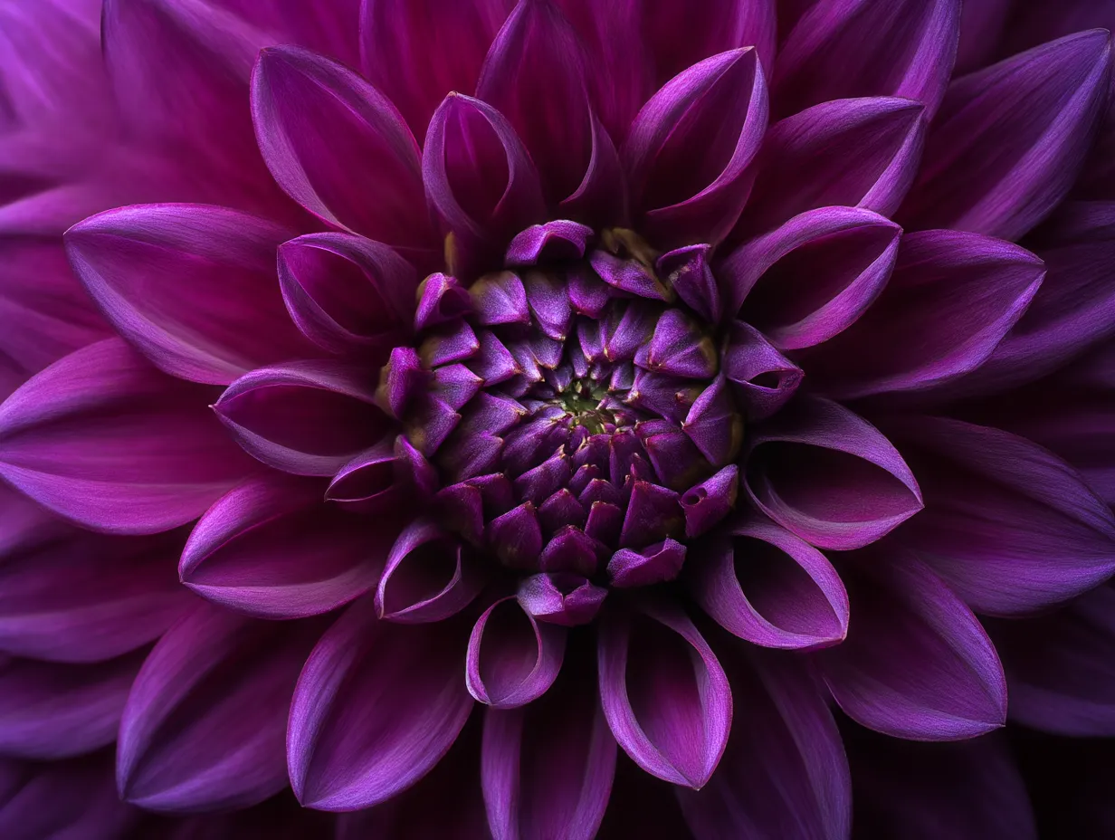 美しい紫色のダリア｜紫色のダリアが花びらを広げ、その美しさを存分に表現しています。花の中央から外側に向かって広がる花びらが、精緻で繊細な印象を与えます。この「ダリア」の写真は、落ち着きと静けさを感じさせる美しい構図です。