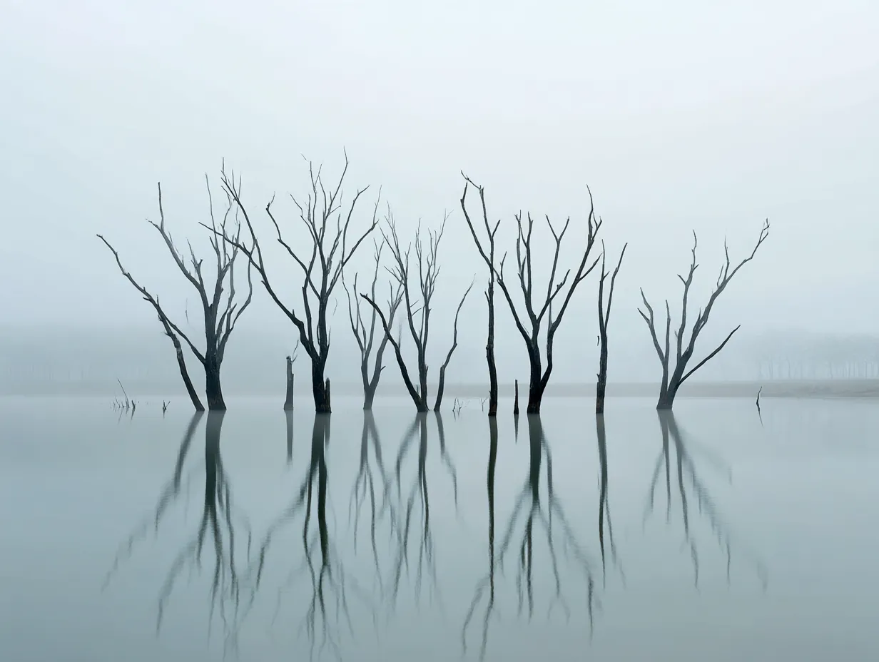 枯れ木：写真と霧に包まれた風景｜霧に包まれた風景の中で、枯れ木が静かに立っています。水面に映る枯れ木の姿が幻想的で、枯れ木の力強さと儚さが共存する一枚です。