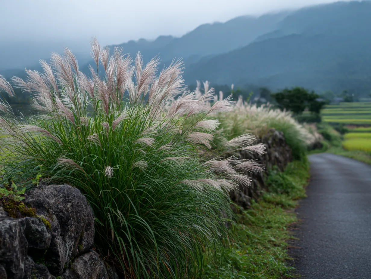 山道沿いに咲くススキ｜山道沿いに生い茂るススキの穂が、少し曇った空とともに映し出されています。この「ススキ」の写真は、自然の力強さと、その中で感じる静けさが美しく調和しています。