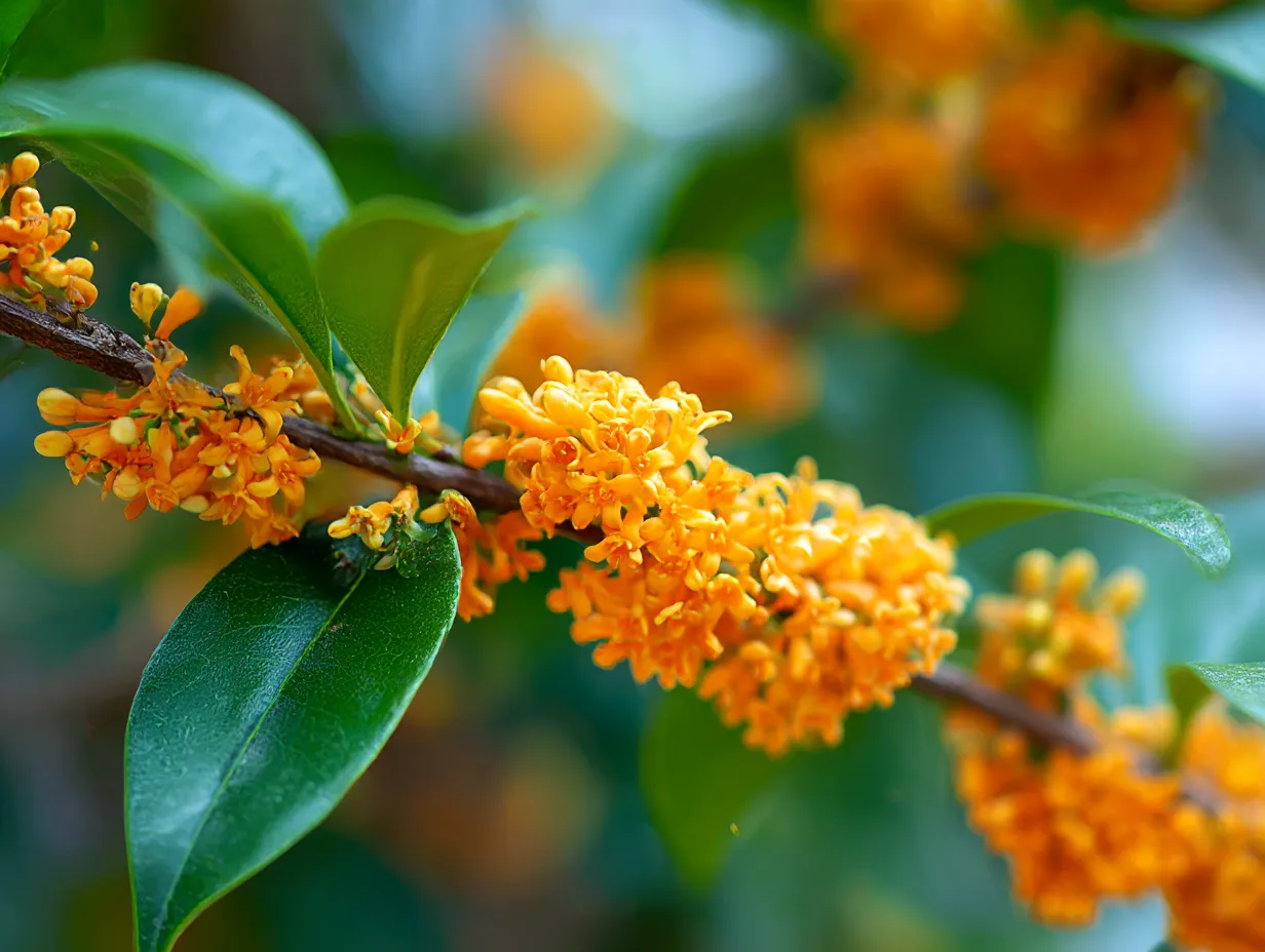 鮮やかなオレンジ色のキンモクセイの花｜オレンジ色のキンモクセイの花が枝にびっしりと咲いている美しい瞬間を捉えた写真。光の加減で色が豊かに見え、この「キンモクセイ」の花が持つ清々しい香りを感じられるような印象を与えます。