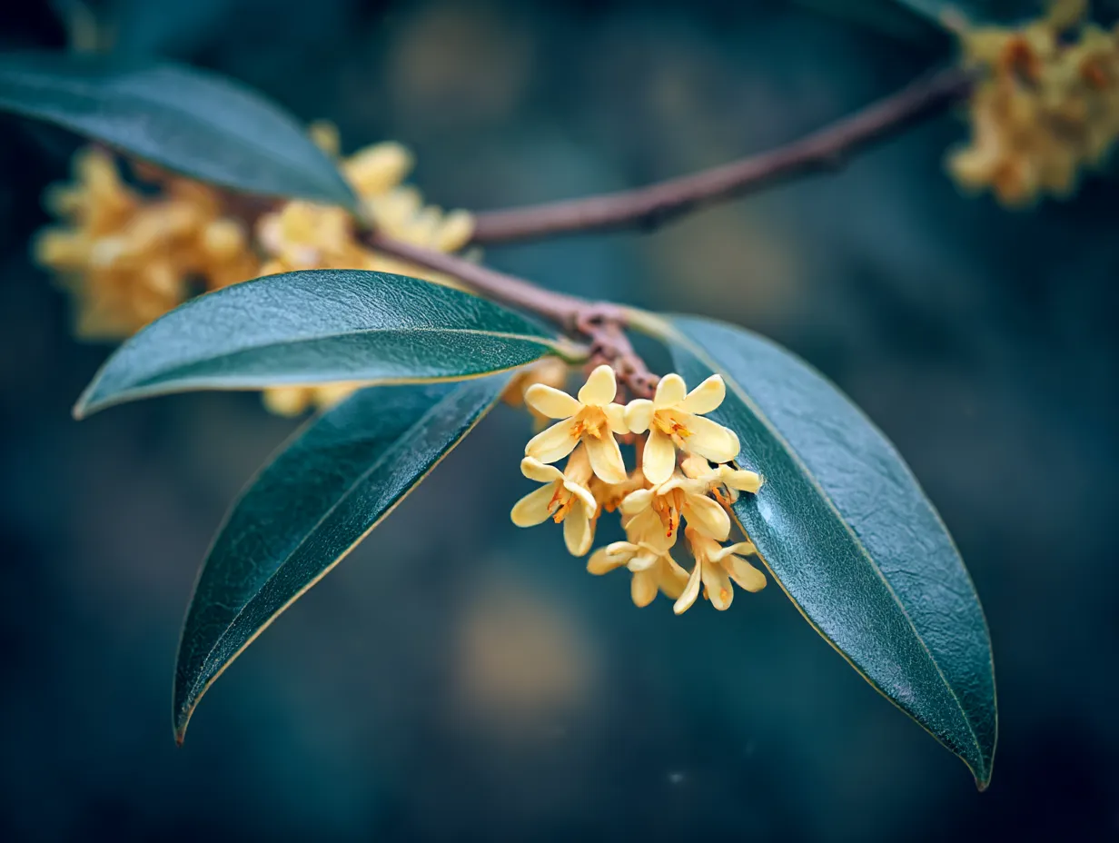 柔らかな黄色のキンモクセイの花｜静かな背景に浮かび上がる黄色いキンモクセイの花が、しっとりとした美しさを表現しています。この「キンモクセイ」の写真は、花びら一枚一枚が優雅に見え、落ち着いた雰囲気を醸し出しています。