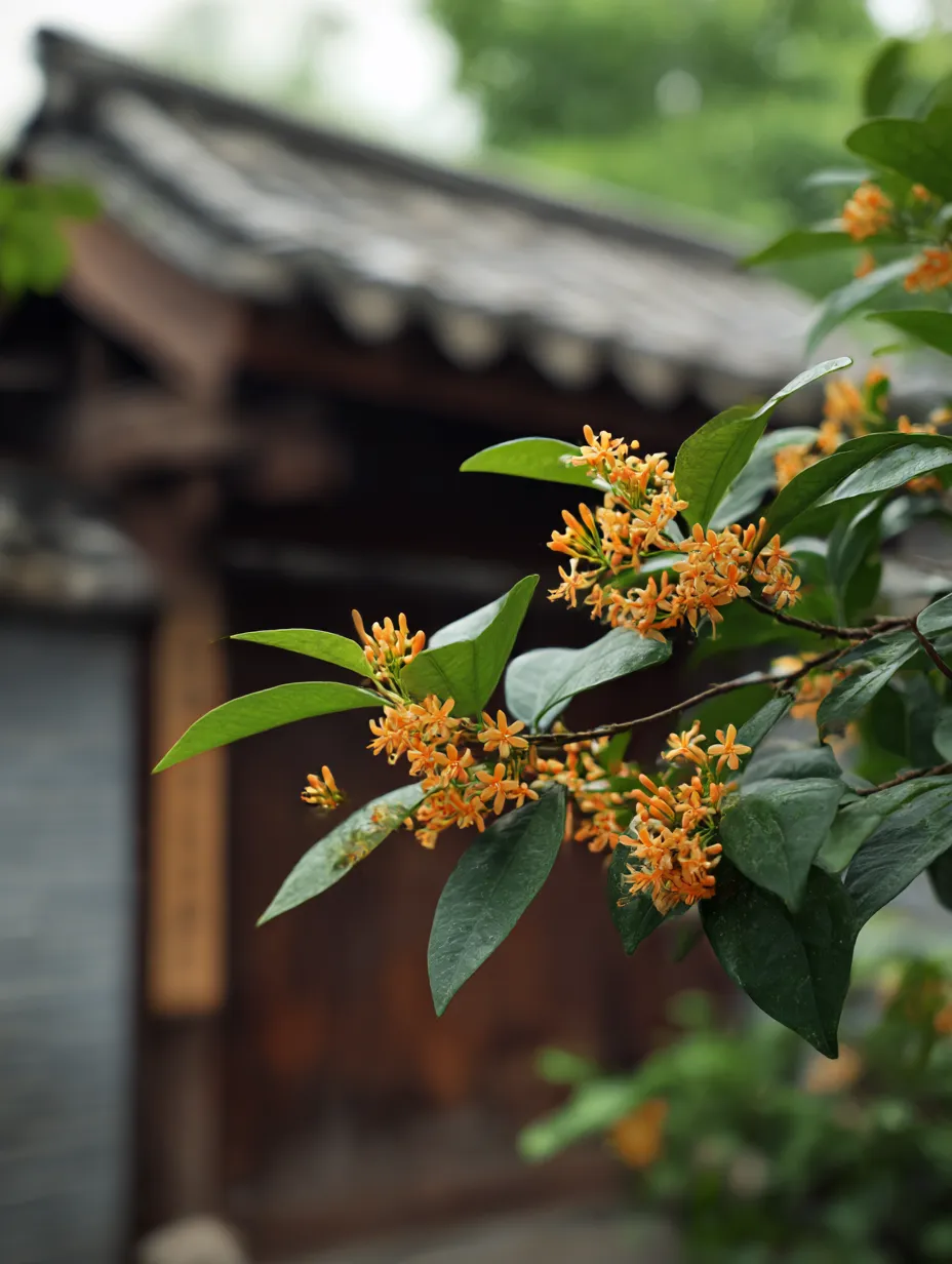古い家の前に咲くキンモクセイの花｜古い建物を背景に咲くオレンジ色のキンモクセイの花が、温かみのある雰囲気を作り出しています。この「キンモクセイ」の写真は、歴史的な場所と自然の美しさが見事に調和した瞬間を捉えています。