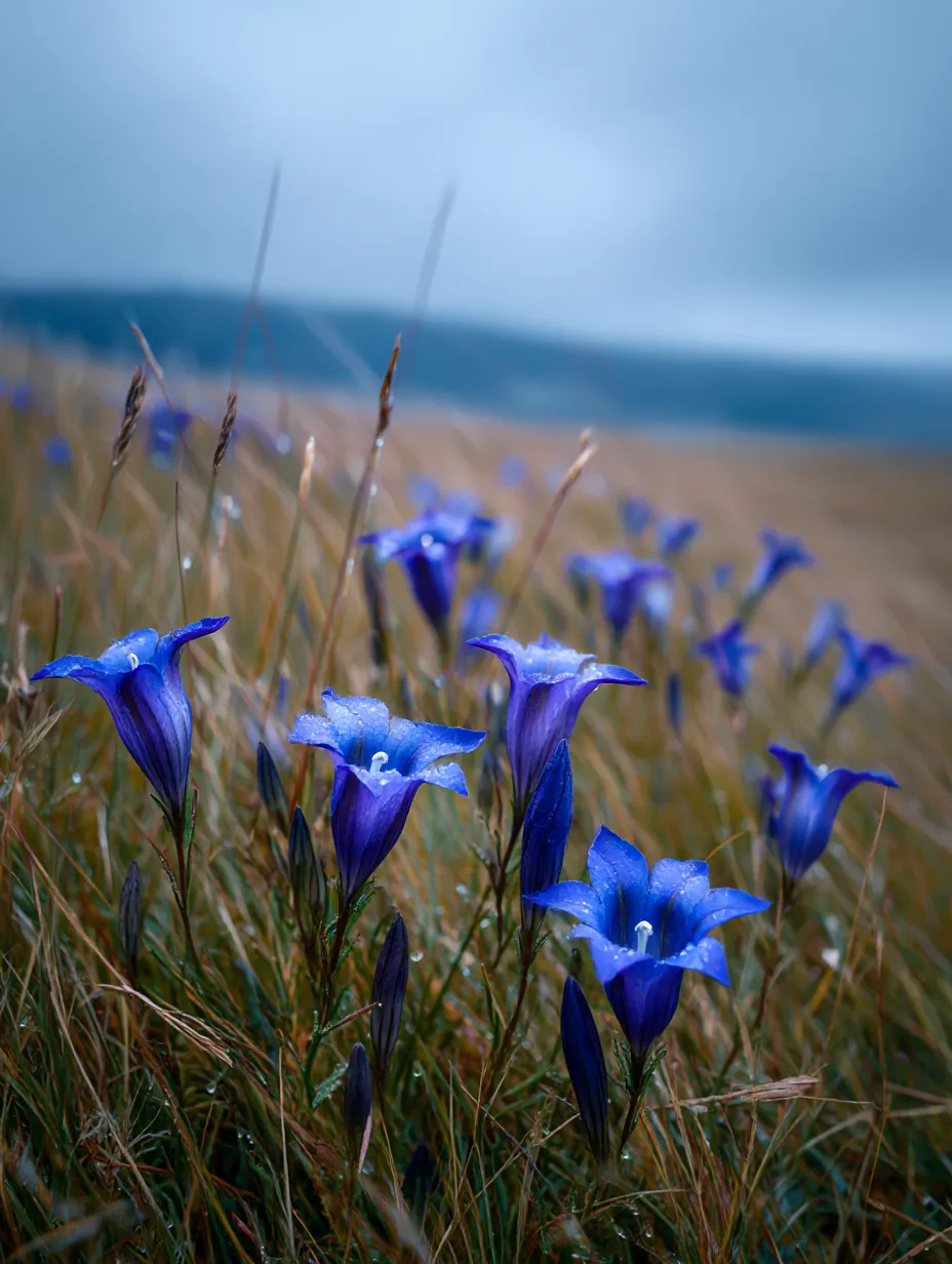 広がるリンドウの花畑｜広がる草原に咲くリンドウの花が、青空の下でその鮮やかな色を際立たせています。この「リンドウの花」の写真は、自由に広がる自然の美しさと、花々の調和を感じさせます。