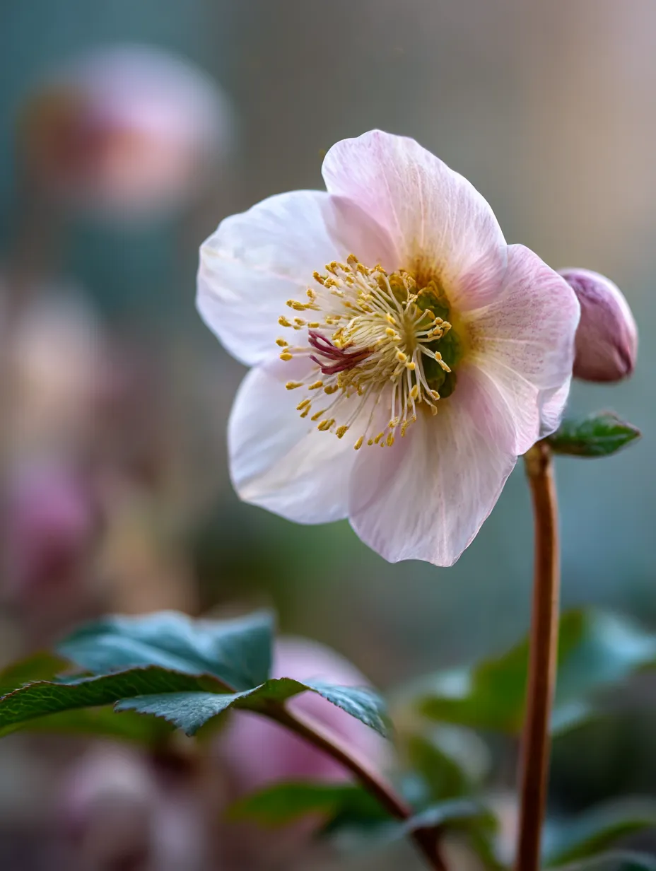 優雅に咲くクリスマスローズの花｜クリスマスローズの花が柔らかく咲いている様子を捉えた写真。淡いピンク色の花びらとその中心の黄色が美しく、見る者に落ち着きと安らぎを与えます。この「クリスマスローズ」の写真は、その優美な印象を際立たせています。