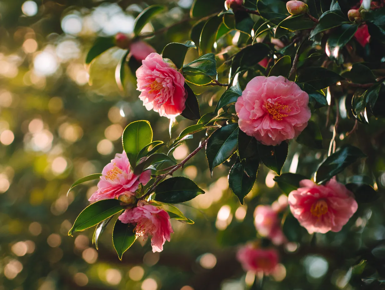 柔らかなピンク色の椿の花｜柔らかなピンク色の椿の花が光に照らされて美しく咲き誇る様子を捉えた写真。この「椿」の写真は、その優雅で穏やかな雰囲気を見事に表現しています。