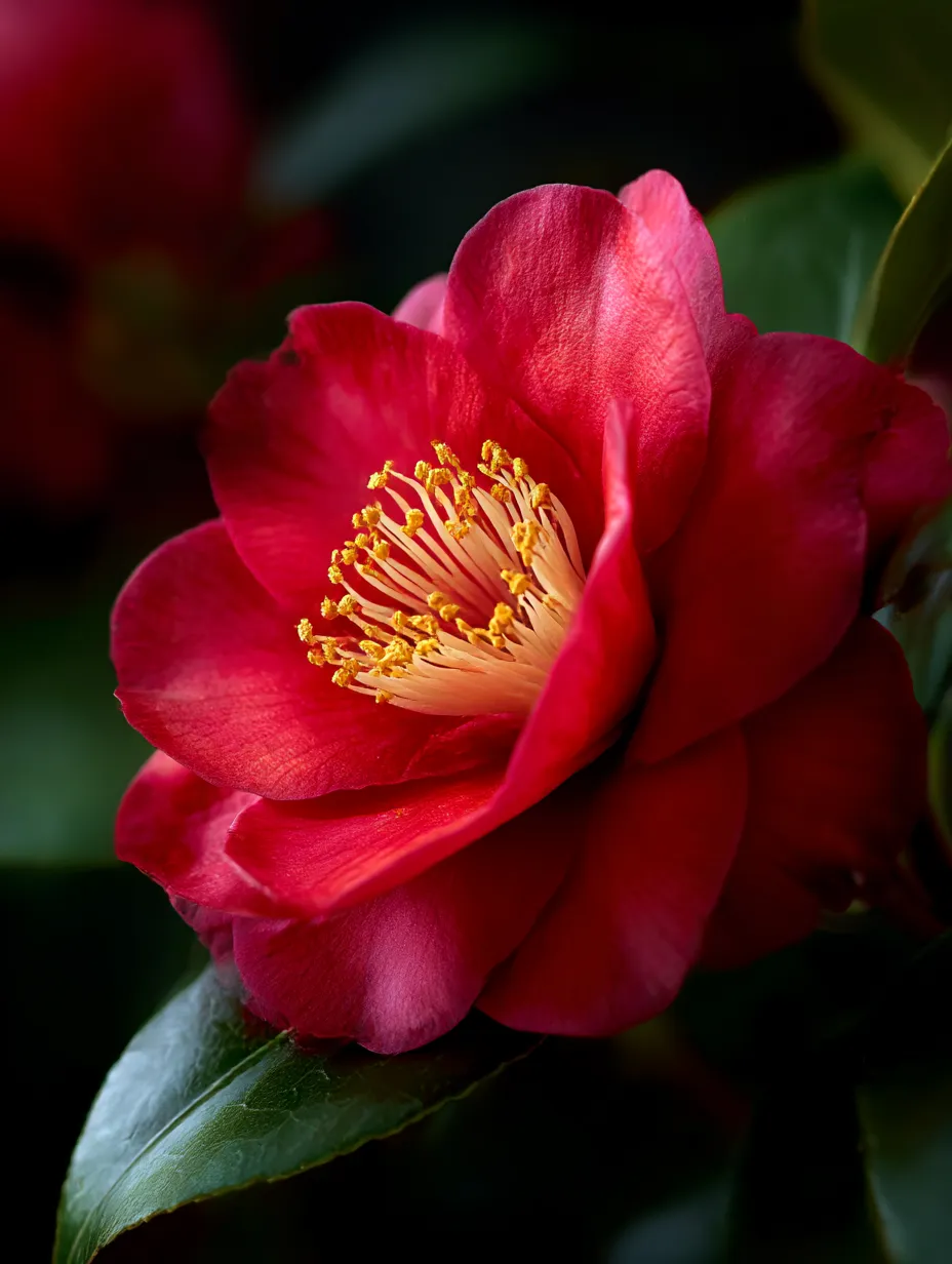 鮮やかな赤い椿の花｜深い赤色の椿の花が、その鮮やかな色を際立たせて美しく咲いています。この「椿」の写真は、色鮮やかで力強い印象を与え、花びらの精緻さに感動を覚えさせます。