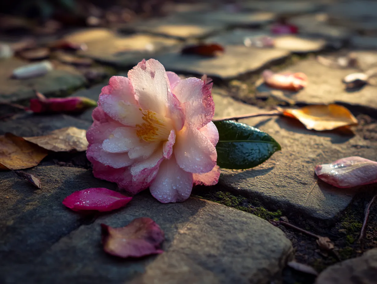 落ちた椿の花｜石畳の上に落ちた椿の花が、そのしっとりとした美しさを見せています。雨粒がついた花びらが、風情を感じさせる「椿」の写真です。