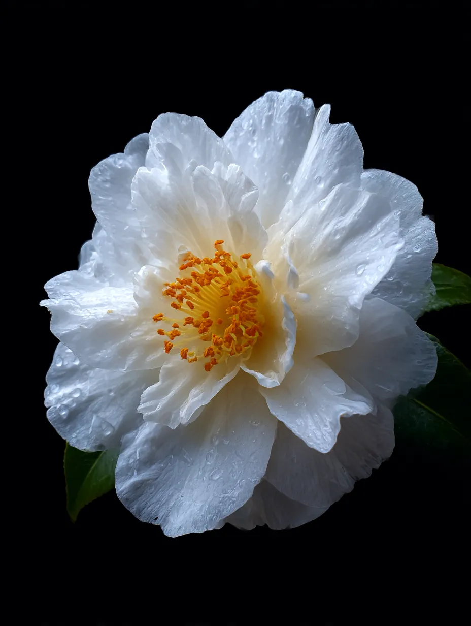 白い椿の花の美しさ｜白い椿の花が鮮やかな黄色の雄しべと共に美しく開いています。この「椿」の写真は、清潔感と優雅さを感じさせる、シンプルでありながら深い美しさを持っています。