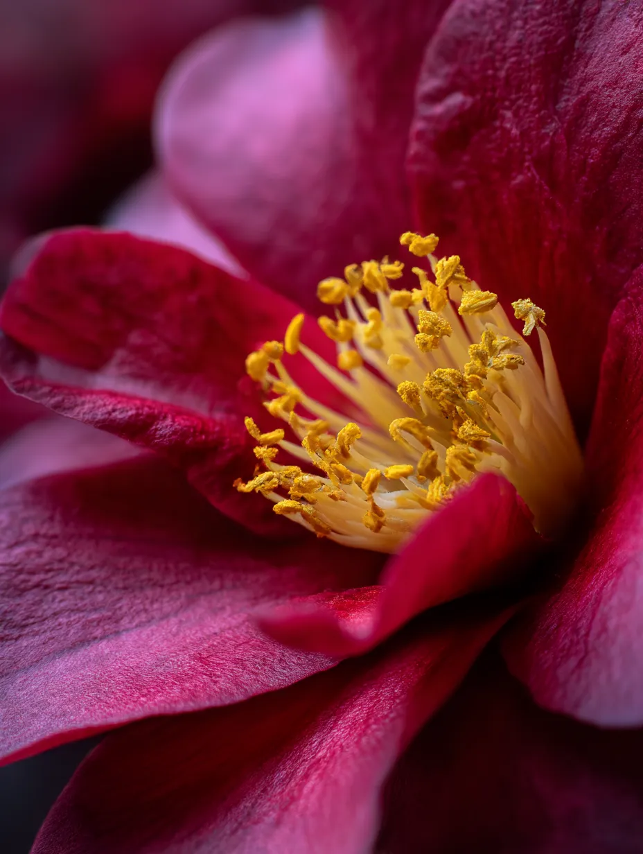 椿の花の細部｜赤い椿の花の花芯に焦点を当て、その細部に迫った写真。この「椿」の写真は、花びらと雄しべのディテールが鮮明に捉えられ、花の力強さと美しさを強調しています。