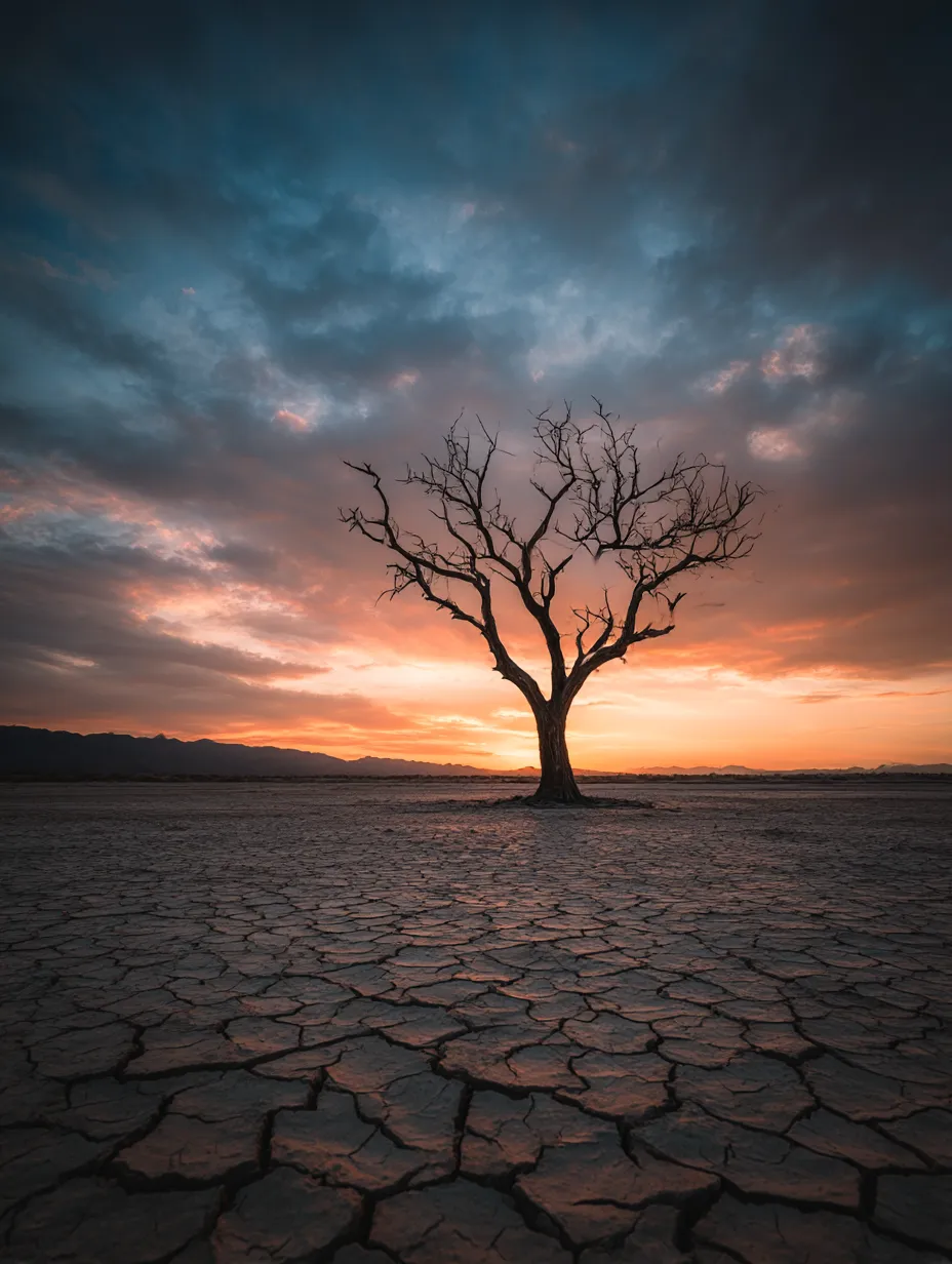 枯れ木：写真と乾いた大地｜乾いた大地に一本立つ枯れ木。その力強い枝が空に向かって伸び、広がる空と対照的な姿が印象的です。枯れ木は、荒れ果てた風景の中でも生きる力を象徴しています。