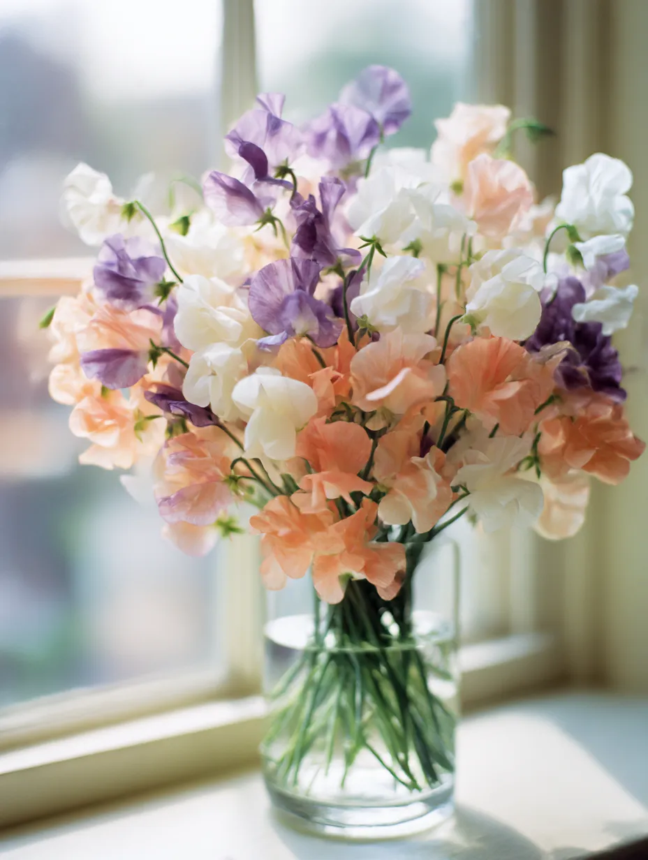 窓辺のスイートピーの花の写真｜優しい光が差し込む窓辺に飾られたスイートピーの花束。淡い色合いの花々が静かな空間を作り、穏やかな午後のひとときを感じさせてくれます。スイートピーは春の花としてその甘い香りと美しさで人気があり、柔らかな風合いが心を癒してくれます。