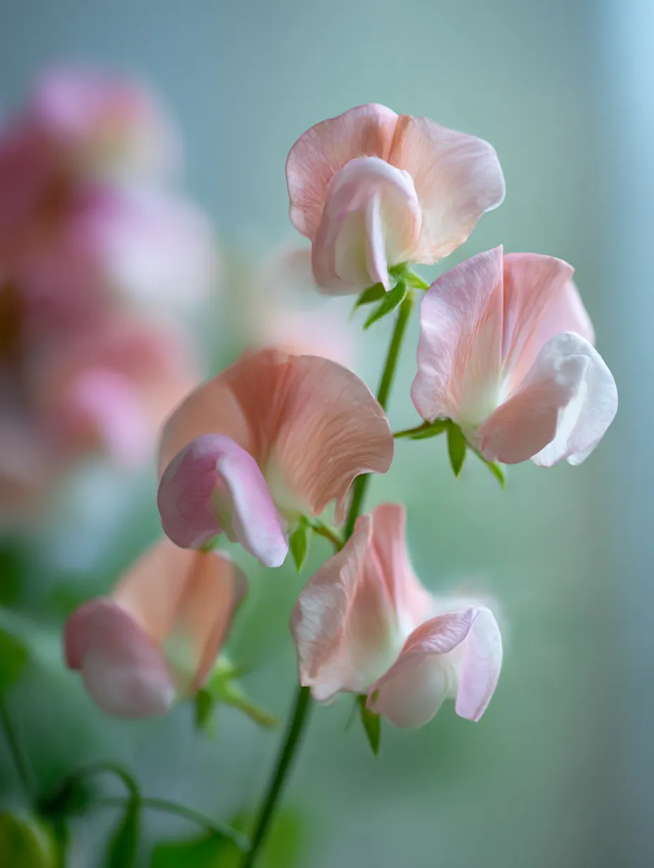 スイートピーの花のアップ写真｜淡いピンクのスイートピーが穏やかに咲くアップ写真。優れた光と影の演出が花びらの繊細な質感を際立たせ、春の温かな日差しを感じさせます。スイートピーの花はその優雅な姿が特徴で、見る人を魅了する存在です。