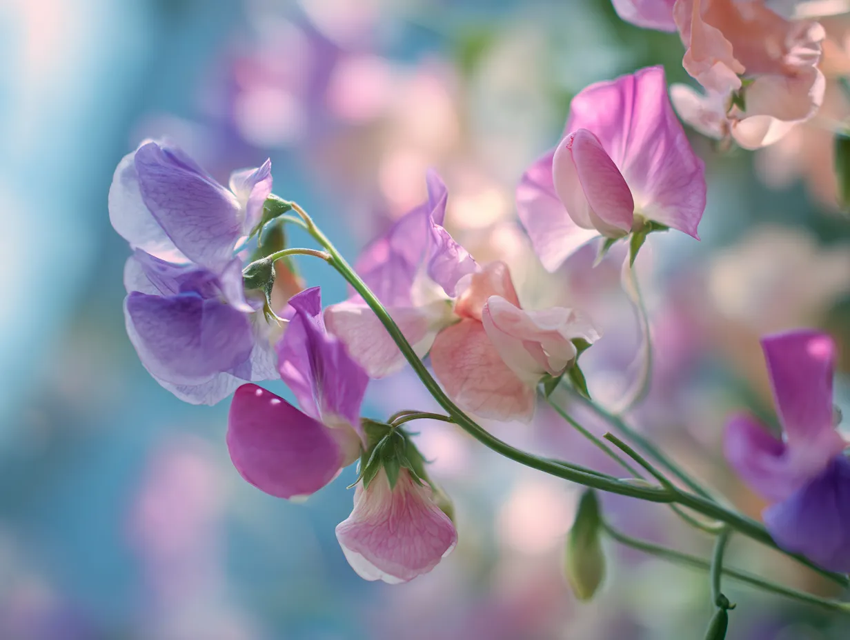 色とりどりのスイートピーの花の写真｜春の風に揺れる色とりどりのスイートピーが、鮮やかな色合いで背景の青空とともに映える美しい写真。花々の柔らかなラインが、穏やかな春の風景を作り出し、スイートピーならではの清々しい印象を与えてくれます。