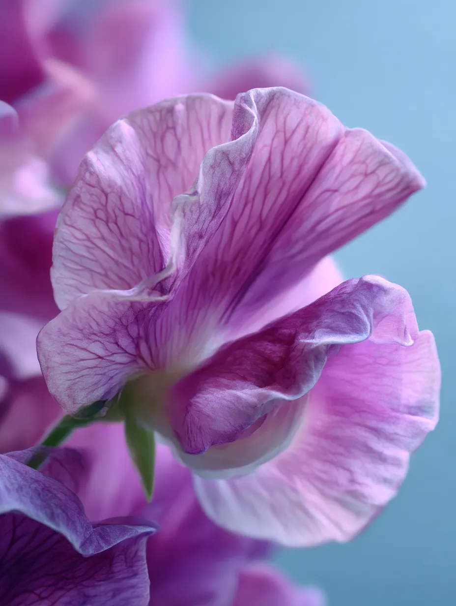 スイートピーの花のクローズアップ写真｜美しく咲くスイートピーの花のクローズアップ。花びらの繊細な模様と鮮やかな色が、花の生命力を感じさせる一枚。スイートピーの花はその優れたデザインが魅力で、見る者を惹きつける力を持っています。