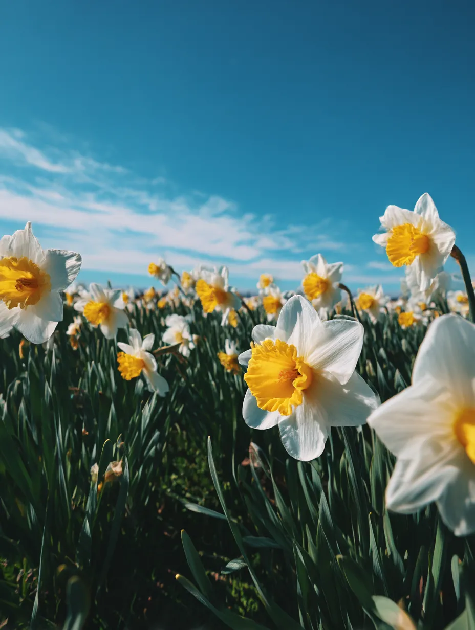 青空の下で咲く水仙の花の写真｜広がる水仙畑が青空とともに映る美しい風景。清々しい空気の中で水仙の花が元気に咲き誇り、春らしい明るい雰囲気を感じさせます。水仙の花々が春の自然の中で力強く生きている様子が描かれています。