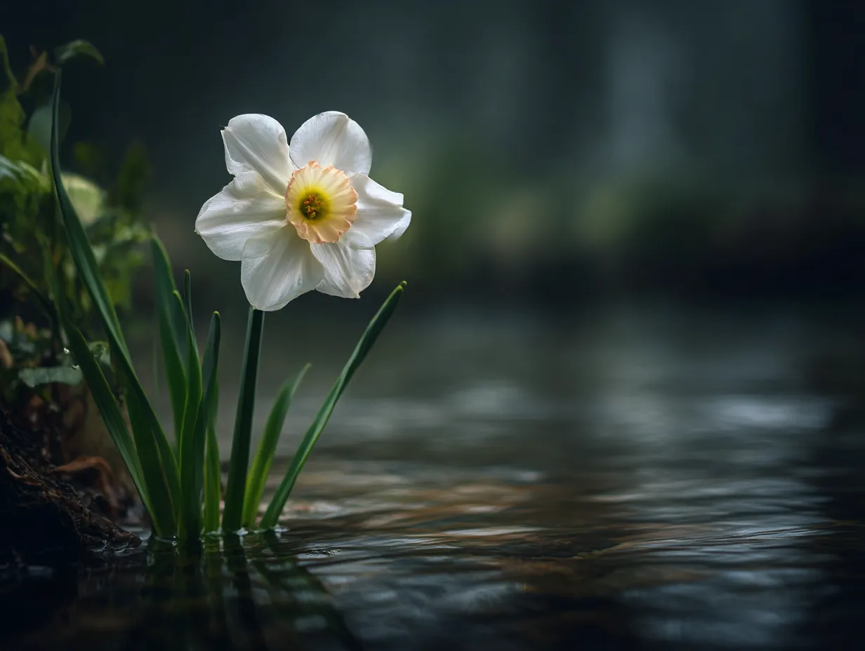 水面に映る水仙の花の写真｜水仙が水辺で静かに咲くシーン。水面に映る花が幻想的で、落ち着いた雰囲気を演出しています。水仙の花が持つ清らかな美しさが、静かな水辺の風景にぴったりとマッチしており、穏やかな気持ちを呼び起こします。