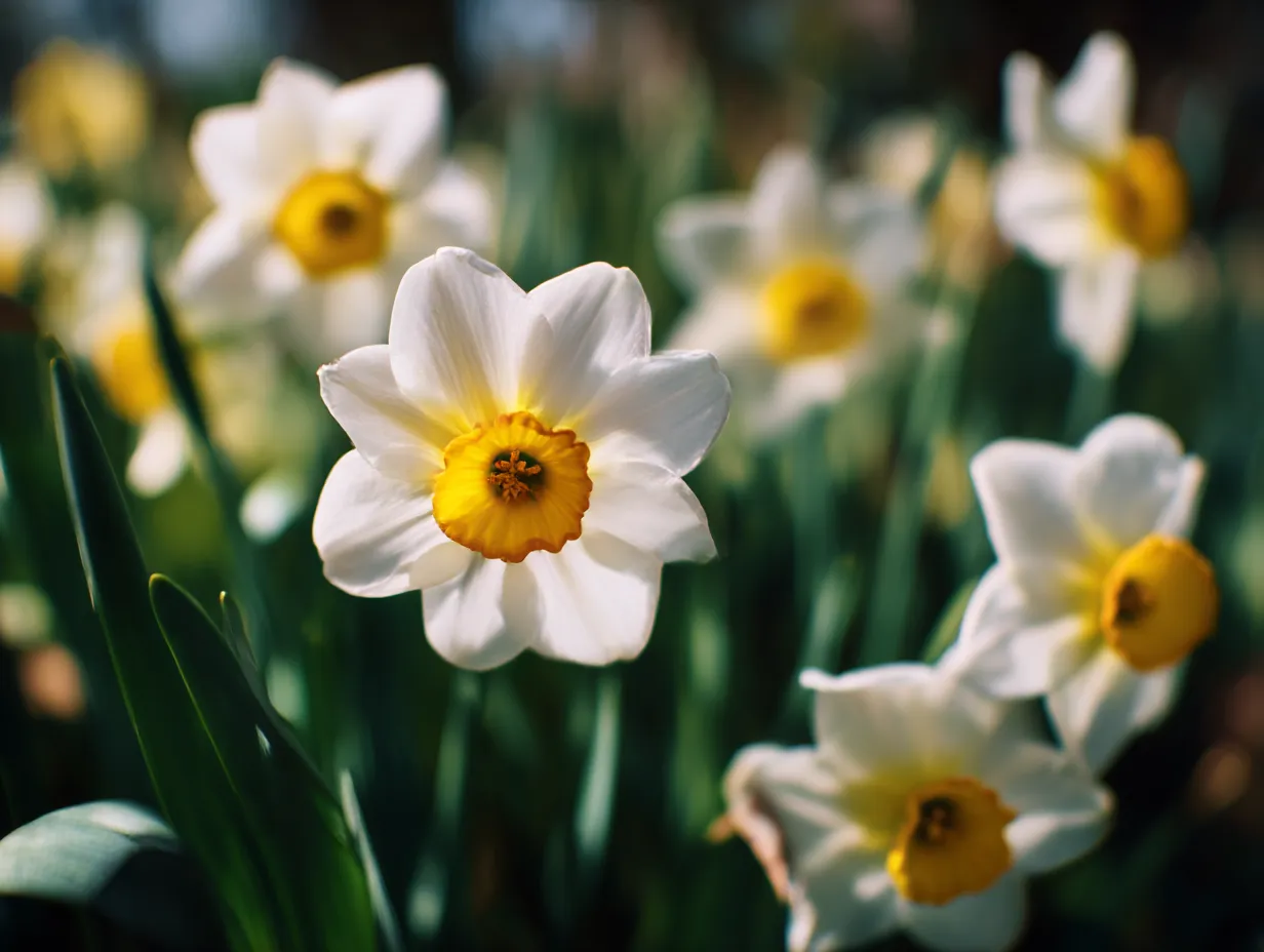 水仙の花が咲き誇る写真｜春の青空の下で咲く水仙の花々。鮮やかな黄色の花が、緑の葉に囲まれながら咲き誇っており、明るく元気な印象を与えます。水仙の花はその明るさと元気さで、春のエネルギーを感じさせる花です。