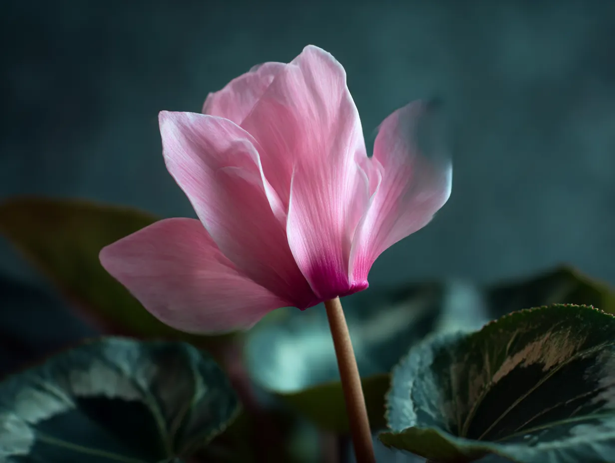 シクラメンの花のアップ写真｜優雅なピンクのシクラメンが美しく咲く写真。細部まで繊細な花びらが際立ち、その色合いと形がシクラメン特有の魅力を引き出しています。背景のぼかしが花を際立たせ、静けさと美しさを感じさせる一枚です。