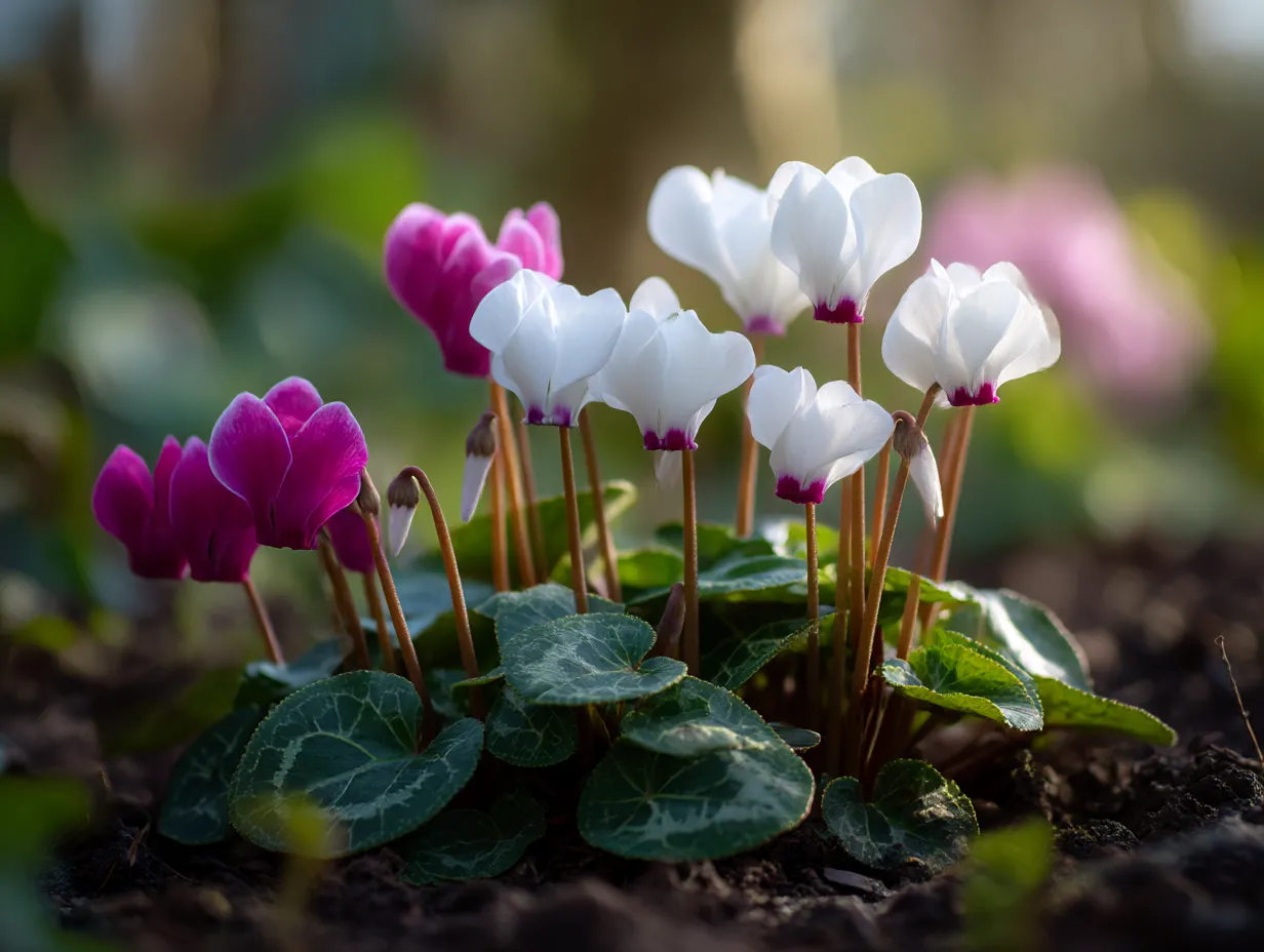 シクラメンの花々が咲く写真｜色とりどりのシクラメンの花々が春の訪れを感じさせる美しいシーン。白とピンクの花が並び、豊かな葉とのコントラストが見事です。シクラメンはその品のある美しさで、春の気配を感じさせてくれる花です。