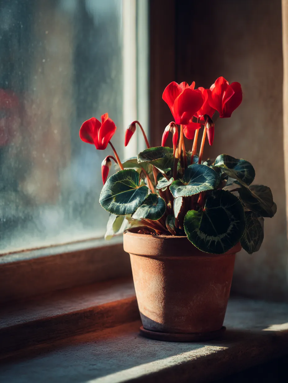 シクラメンの鉢植えの写真｜窓辺に置かれたシクラメンの鉢植えが、優しい光の中で咲いています。赤い花が温かな雰囲気を作り出し、部屋に春の息吹をもたらします。シクラメンはその鮮やかな色合いとエレガントな姿が特徴的な花です。
