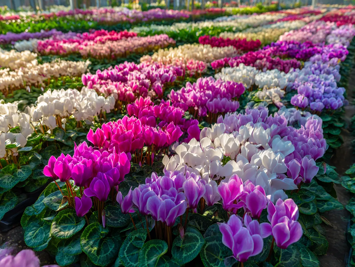 シクラメンの花畑の写真｜シクラメンが広がる美しい花畑。ピンクや白、紫のシクラメンが一面に咲き誇り、花々の色が調和して春の訪れを告げています。シクラメンはその鮮やかな花色と清楚な雰囲気で、春の庭にぴったりの花です。