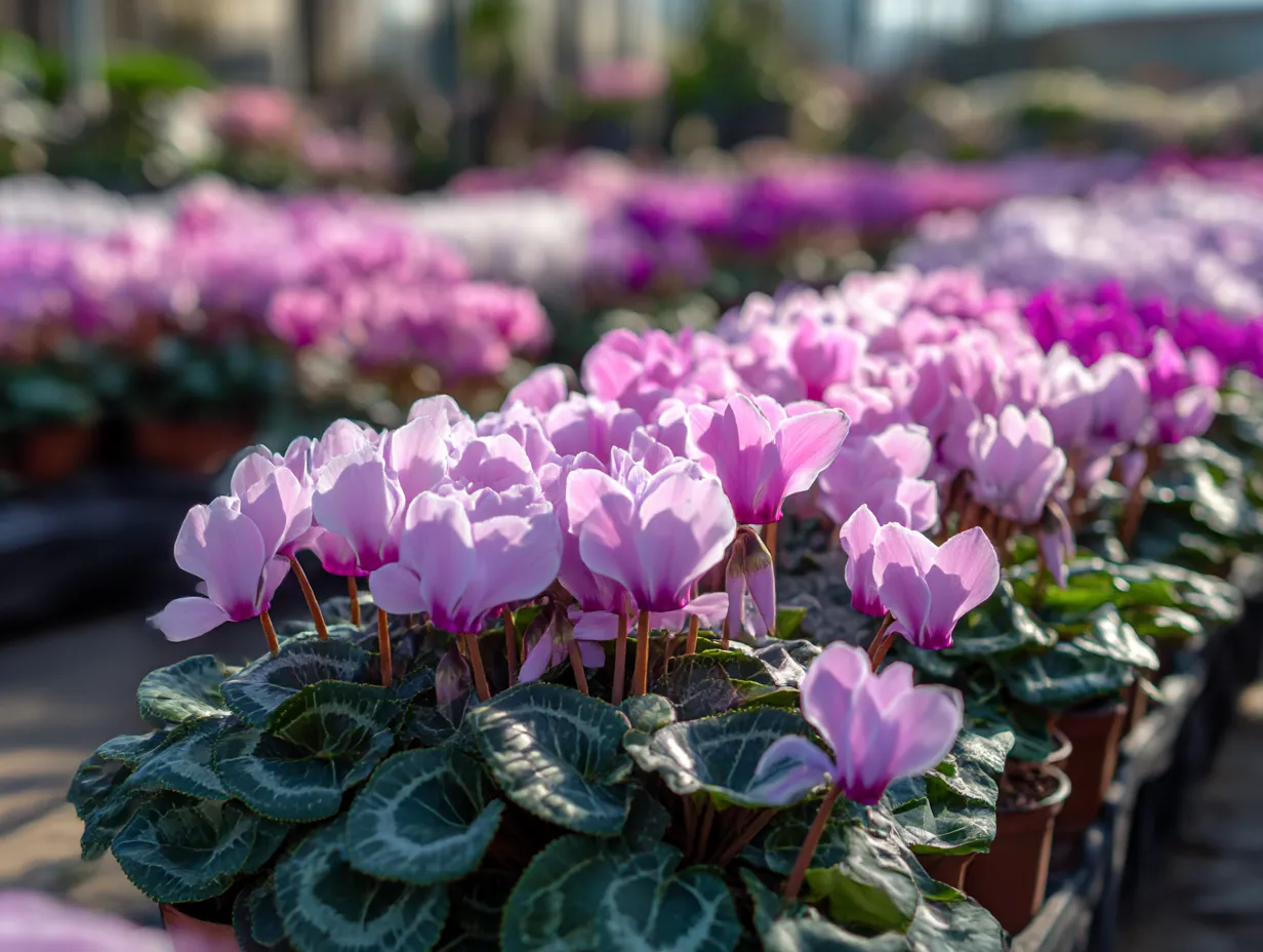 シクラメンの花のクローズアップ写真｜シクラメンの花びらが美しく開いたクローズアップ。微細な模様と色合いが際立ち、その優れたディテールが魅力です。シクラメンの花は細やかな質感と柔らかい色が特徴で、見る者を引きつける花です。