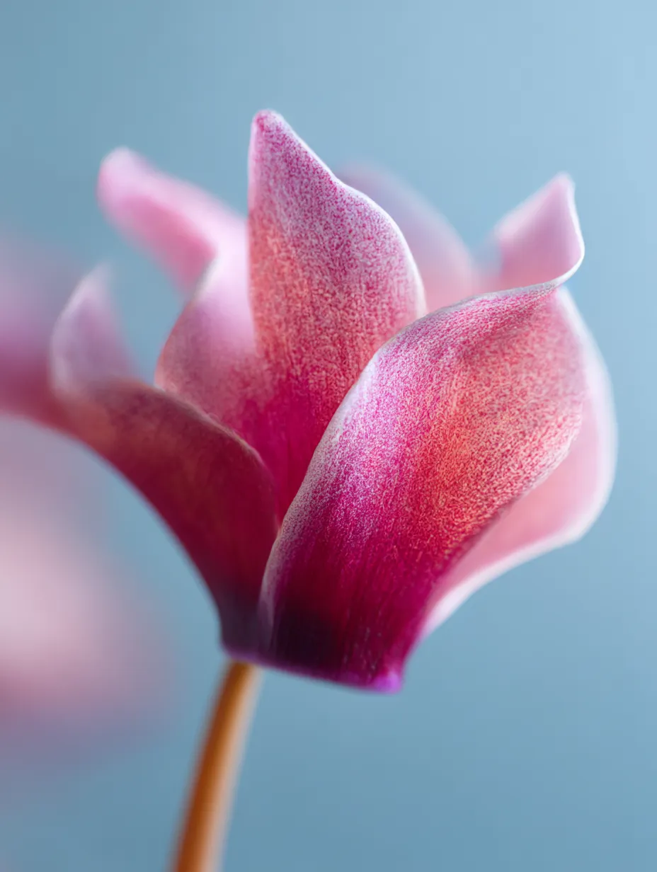 美しいシクラメンの写真｜シクラメンの花びらは、柔らかなピンクと赤が混ざり合い、優美な印象を与えます。背景の淡い青色が花の美しさを引き立て、このシクラメンの繊細な形状が際立っています。