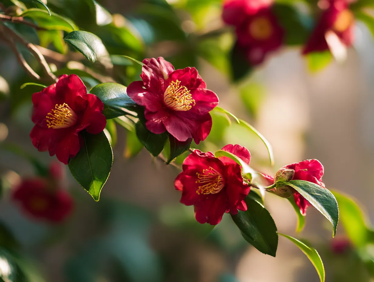 サザンカの花が咲く写真｜鮮やかな赤色のサザンカの花が咲き誇る美しい写真。日差しを浴びた花びらが鮮やかに輝き、周囲の緑とのコントラストが印象的です。サザンカは冬に咲くことが多く、寒い季節に温かみを感じさせる花です。