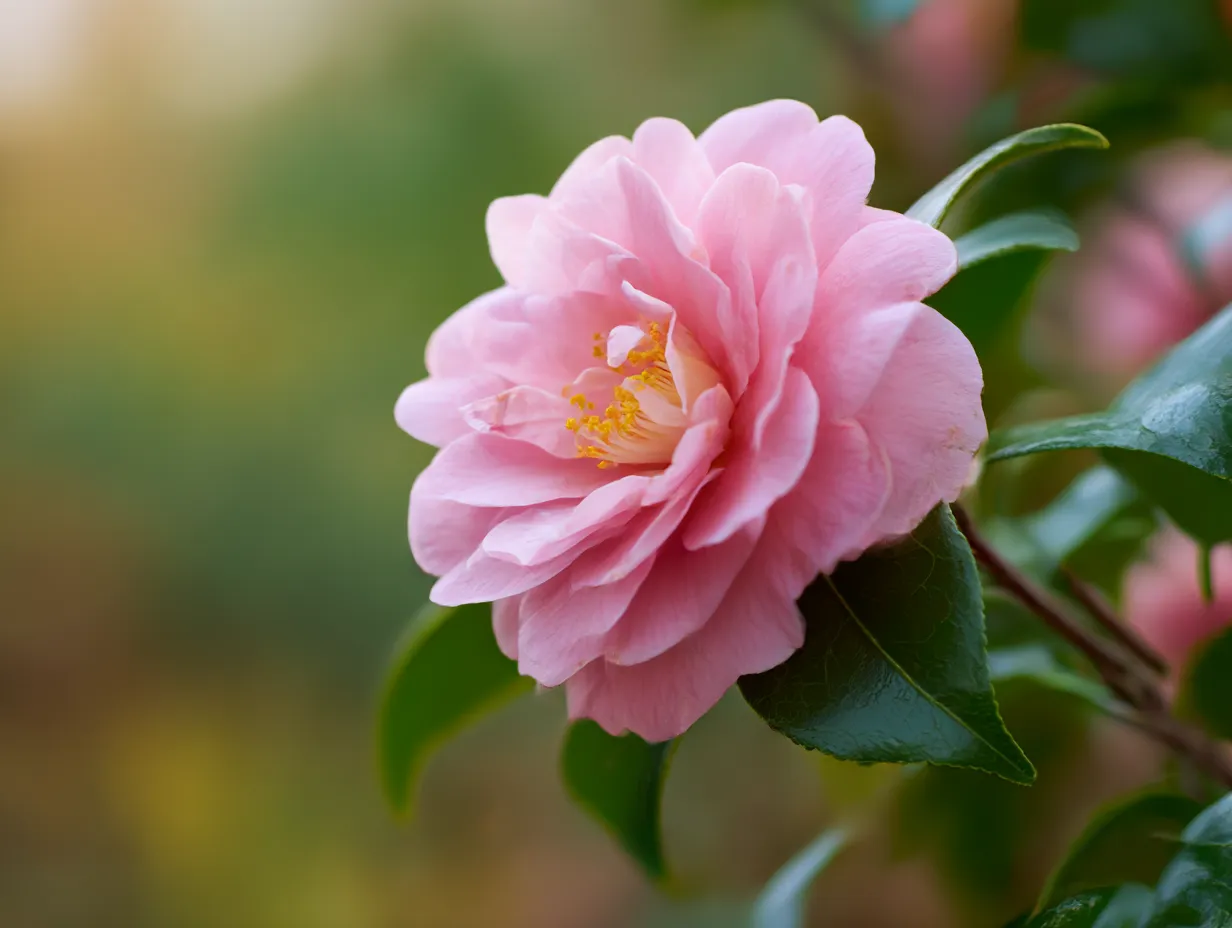 サザンカのピンクの花の写真｜柔らかなピンク色のサザンカが一輪咲いたシンプルで美しい写真。花びらが優雅に広がり、穏やかな春の訪れを予感させます。サザンカはその優れた色合いと静かな存在感が魅力です。