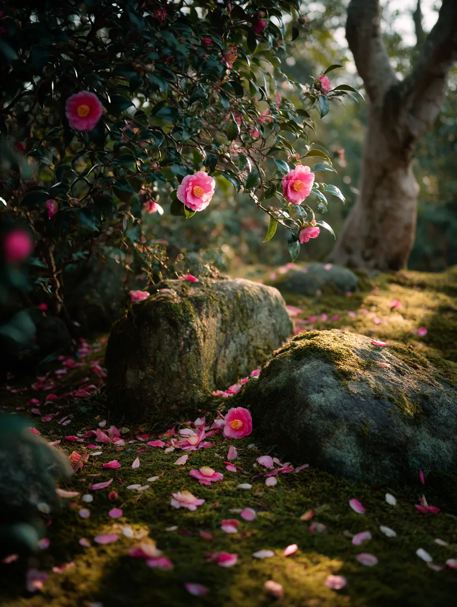 サザンカの花と庭園の写真｜サザンカの花が咲く庭園の風景。ピンクと赤の花が広がり、静かな美しい庭の一部として溶け込んでいます。花の美しさと庭園の景観が調和し、サザンカがこの静かな空間に穏やかさをもたらしています。