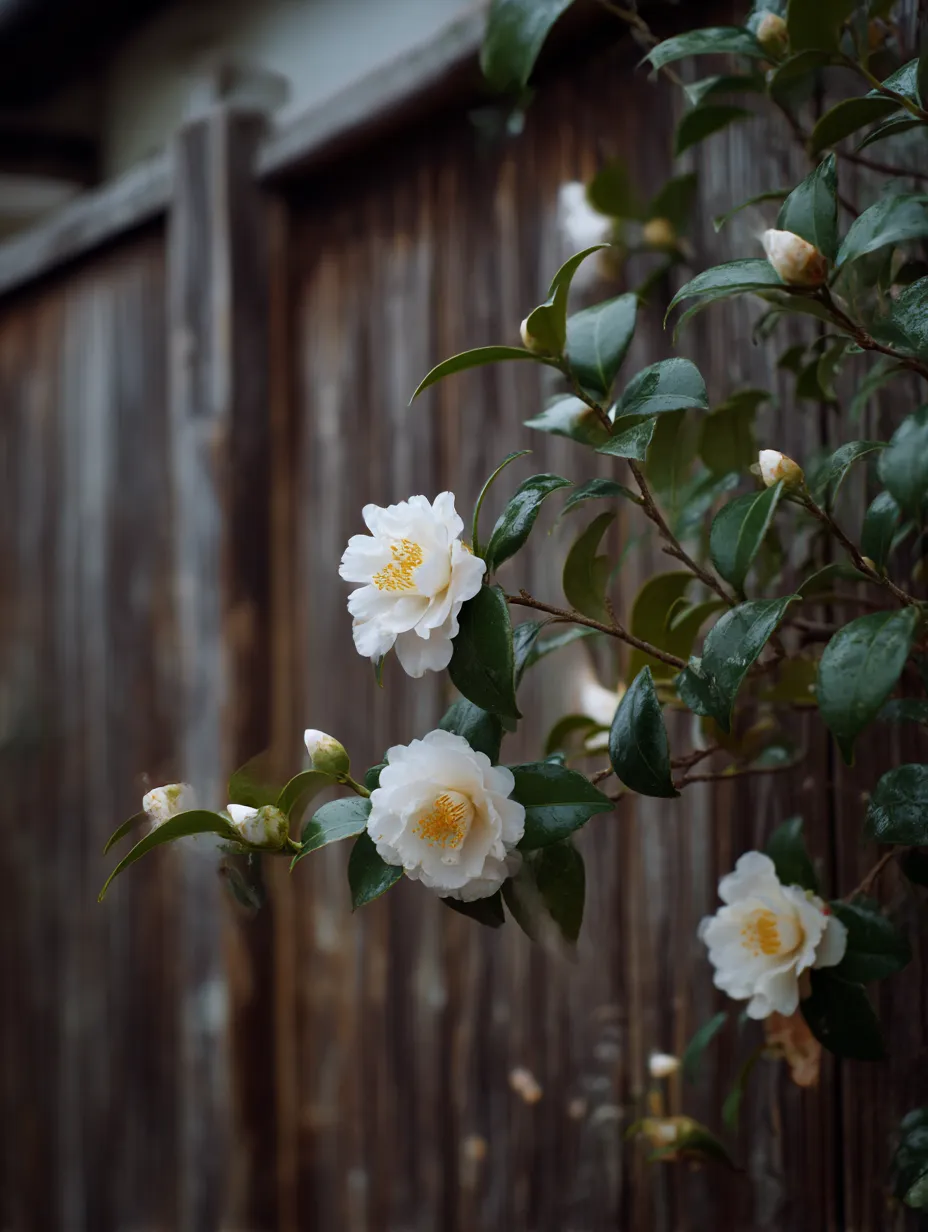 サザンカの花が咲く風景写真｜庭の中に咲くサザンカの花々が美しい風景を作り出しているシーン。落ち着いた色合いの花が青空と緑に囲まれ、平穏な時間が流れているかのようです。サザンカはその落ち着いた美しさで、自然の静けさを感じさせます。