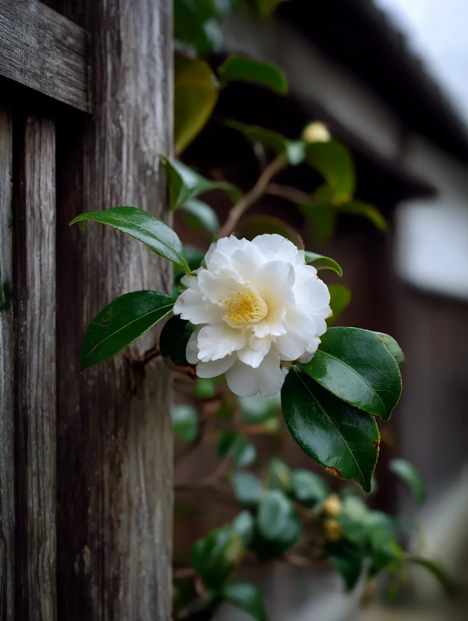 サザンカの白い花の写真｜白いサザンカの花が鮮やかな緑の葉の間で咲いている美しいシーン。清楚で優雅な印象を与える花が、背景の木材のフェンスと調和し、穏やかな自然の美を感じさせてくれます。サザンカはその純粋な美しさで知られています。