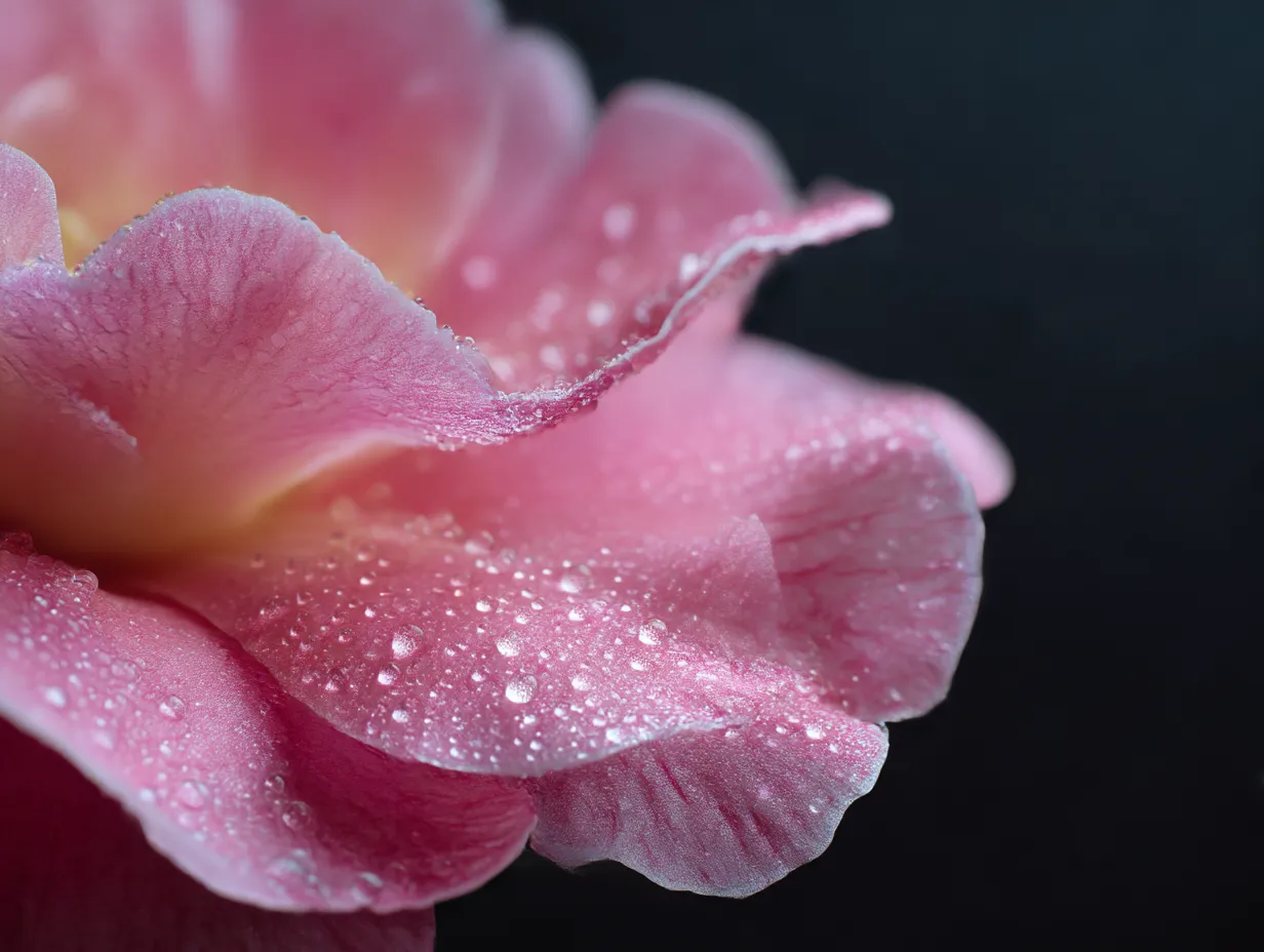 サザンカのクローズアップ写真｜サザンカの花びらに水滴がついて、より一層美しく見えるクローズアップ写真。花びらの細かなディテールが際立ち、サザンカの華やかさと繊細さを強調しています。冬の花としてその美しさが際立つ瞬間を捉えた一枚です。
