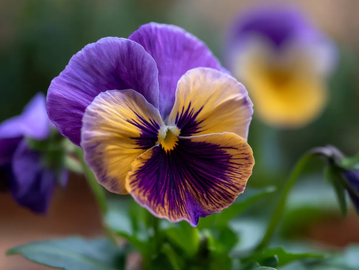 鮮やかなパンジーの花の写真｜色鮮やかな紫と黄色のパンジーの花が美しく咲く一枚。花弁の細かな色合いと模様が魅力的で、春を感じさせる温かみのあるシーンです。パンジーはその鮮明な色合いが特徴で、花壇に彩りを加えてくれます。