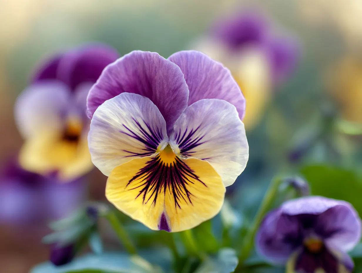 パンジーの花のアップ写真｜パンジーの花がアップで撮影された美しい写真。紫色と黄色の鮮やかなコントラストが目を引き、花弁の細部まで細かく描かれています。パンジーはその個性的な模様と色合いで、見る者を魅了します。