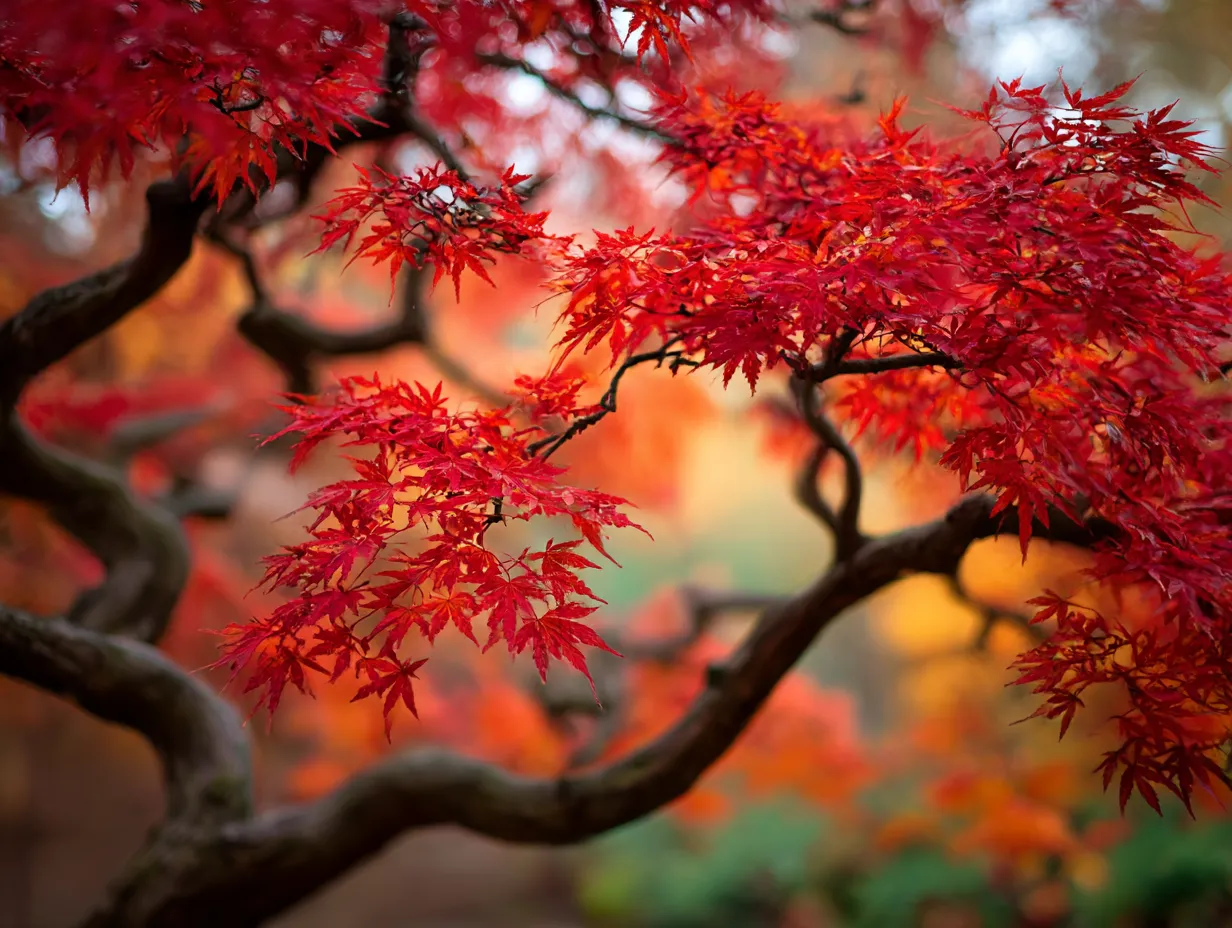 樹木：写真と秋の情景｜紅葉した樹木の葉が風に舞う美しい瞬間。秋の色彩が広がり、赤やオレンジの葉が木々から解き放たれる様子が、心地よい秋の風を感じさせる「樹木：写真」。
