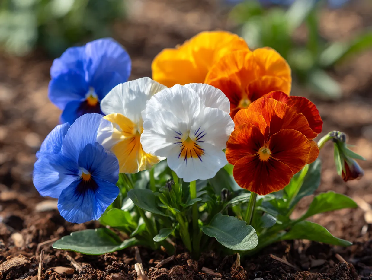 カラフルなパンジーの花の写真｜色とりどりのパンジーの花が集まった風景。青、白、オレンジなど様々な色の花が一つの場所に咲き誇り、華やかな印象を与えます。パンジーはその多彩な色合いが特徴で、春の庭にぴったりの花です。