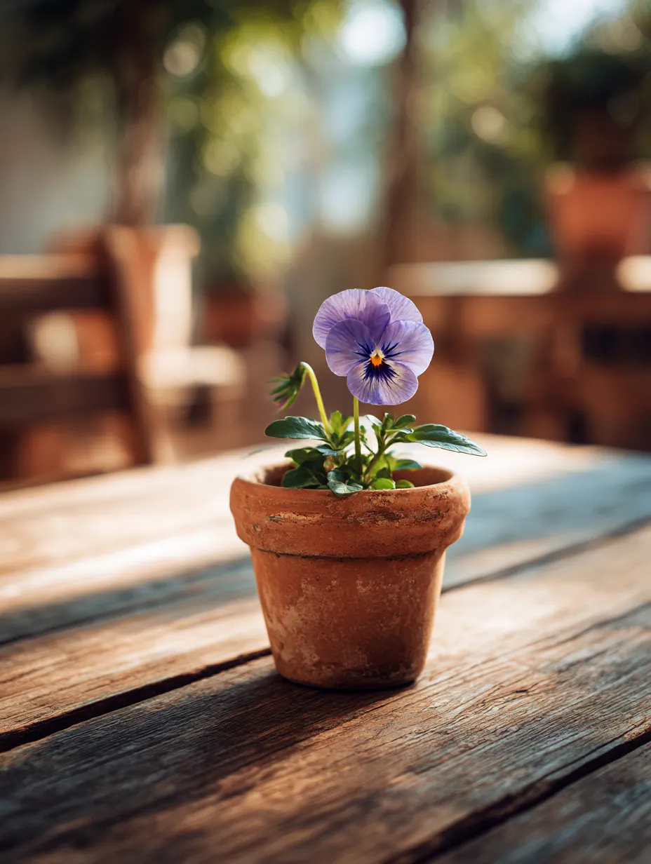 パンジーの鉢植えの写真｜テラコッタの鉢に植えられたパンジーの花が、一輪だけで美しい印象を与える写真。背景のぼけた光が温かさを演出し、パンジーのシンプルでありながら華やかな美しさが際立ちます。