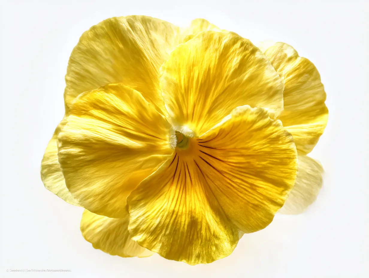 パンジーの花のクローズアップ写真｜パンジーの花びらにしっかりと焦点を当てたクローズアップ。鮮やかな黄色と紫色のコントラストが素晴らしく、花の細かい質感が引き立っています。パンジーはその優れた色合いと繊細な模様が魅力の花です。