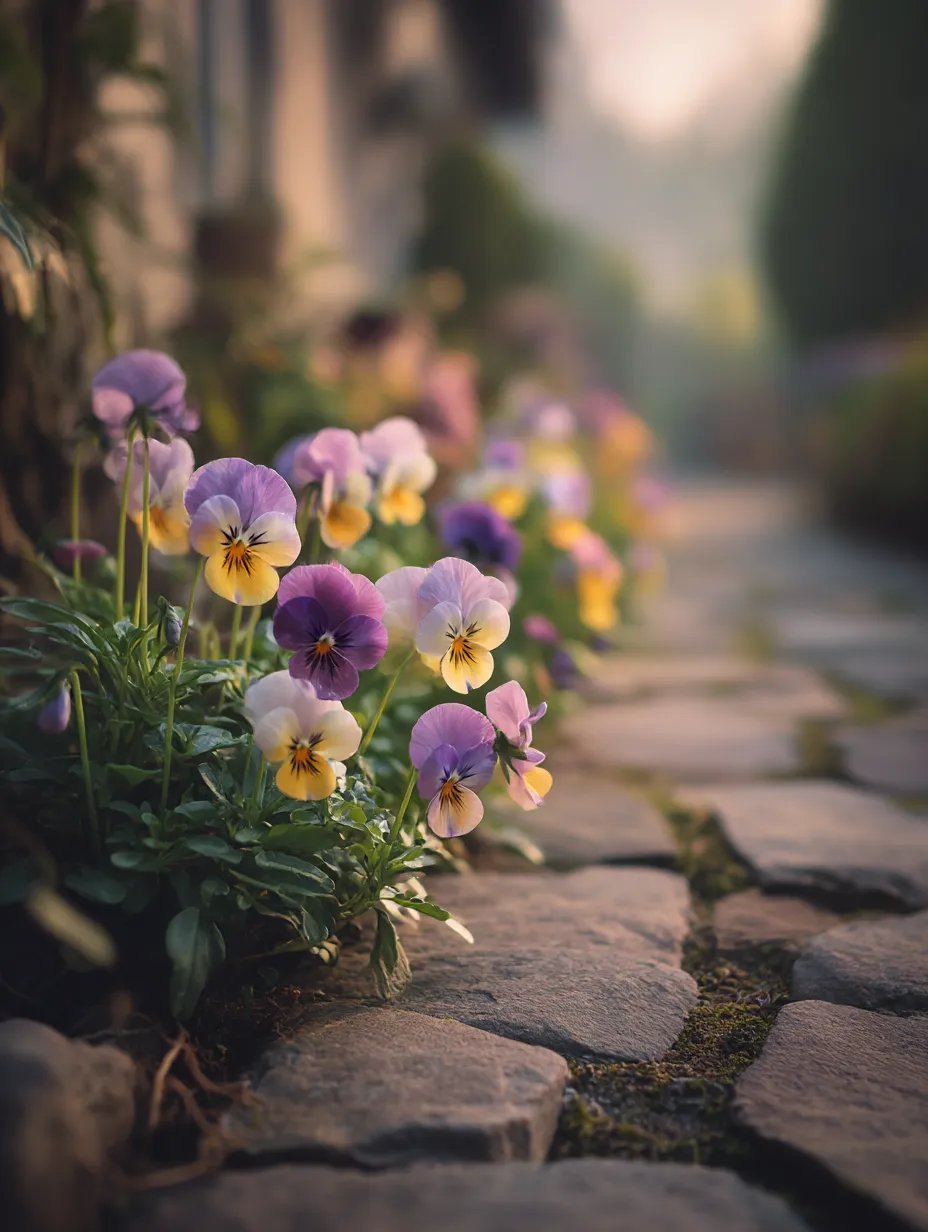 パンジーの花畑の写真｜パンジーが一面に広がる花畑の美しいシーン。春の日差しを浴びて、色とりどりのパンジーの花が生き生きと咲き誇り、穏やかな空気が流れる素晴らしい風景です。パンジーの多様な色が、花壇に華やかな印象を与えます。