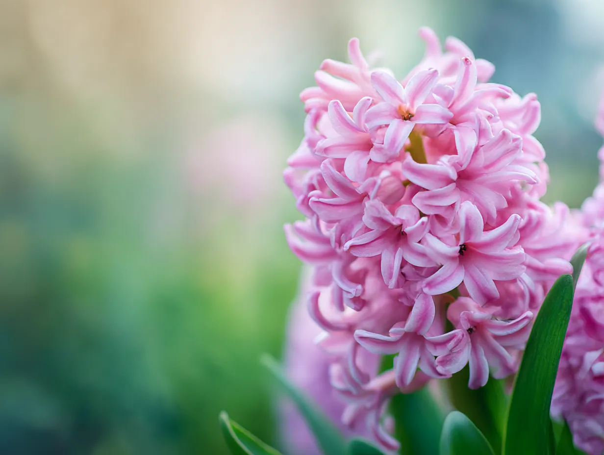 ヒヤシンスのピンク色の花の写真｜柔らかなピンク色のヒヤシンスが、春の訪れを告げるように咲き誇っています。花の重なりが魅力的で、優雅さと穏やかな温もりを感じさせます。