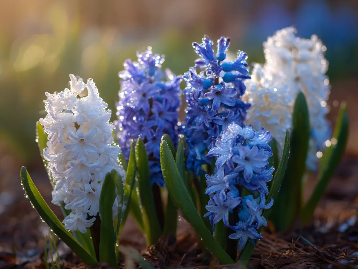 ヒヤシンスの青と白の花の写真｜爽やかな青と白のヒヤシンスが朝の光に照らされ、瑞々しい輝きを放っています。水滴をまとった花は清潔感と活力を感じさせます。