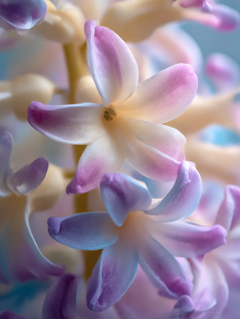 ヒヤシンスの花のマクロ写真｜ヒヤシンスの花の繊細なディテールが美しく捉えられ、淡い色合いの花びらの陰影が幻想的な雰囲気を醸し出しています。