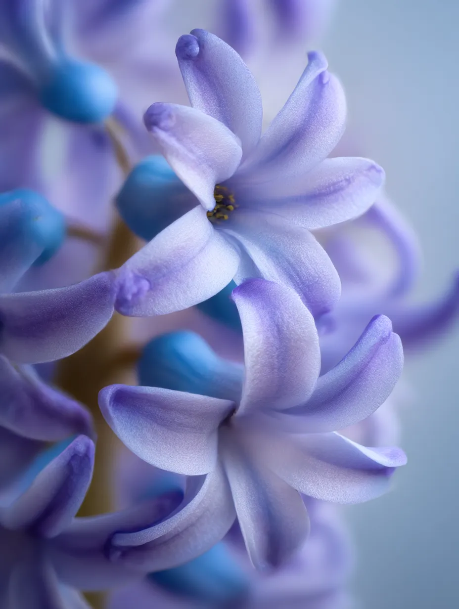 ヒヤシンスの花のマクロ写真｜ヒヤシンスの花がピンクと紫のグラデーションで柔らかく彩られており、その花びらの細かな質感が美しく際立っています。