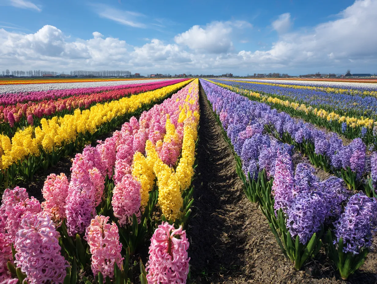 ヒヤシンス畑の風景写真｜広大なヒヤシンス畑が広がり、春の陽光の下で色とりどりの花が咲き乱れています。自然の美しさと豊かさを感じる風景です。