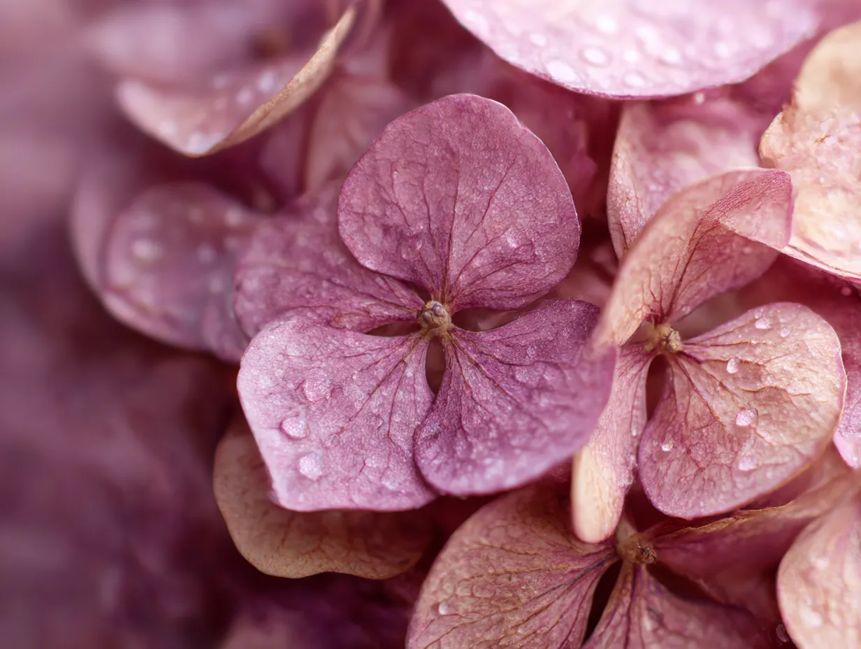 あじさいの花びらの美しい接写写真｜繊細で美しいあじさいの花びらが接写された写真。しっとりとした質感が伝わり、花びら一枚一枚に滴る水滴がさらに魅力を引き立てています。あじさいの花びらをこんなに近くで捉えた写真は、その美しさを余すところなく感じさせてくれます。