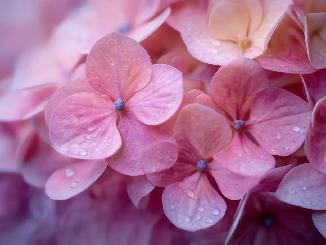 柔らかなピンクのあじさいの花びらの写真｜柔らかなピンク色のあじさいの花びらが水滴をまとった姿が美しく写し出された写真です。この花びらにはまるで息を呑むような繊細さが感じられ、見る人に優しさと平穏な気持ちを与えてくれるでしょう。