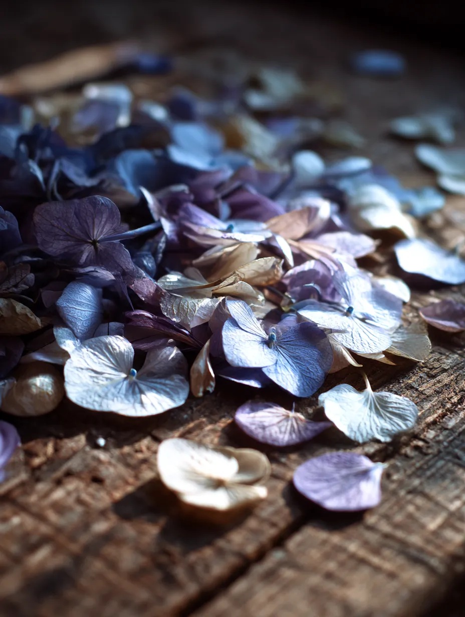 床に広がるあじさいの花びらの写真｜床に広がるあじさいの花びらを捉えた写真。自然に散りばめられた花びらが、まるで自然のアートのようです。色彩の変化とその配置が、まるで自然の美しさを祝福しているかのように見えます。